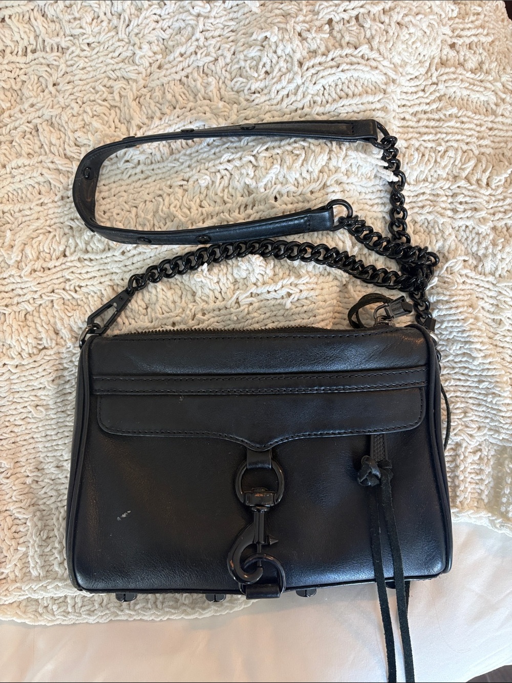 Rebecca Minkoff All Black Leather Chain-Trim Crossbody Mini MAC